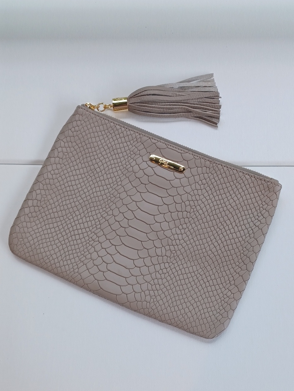 GiGi New York Taupe Textured Tassel Zip Wristlet Clutch